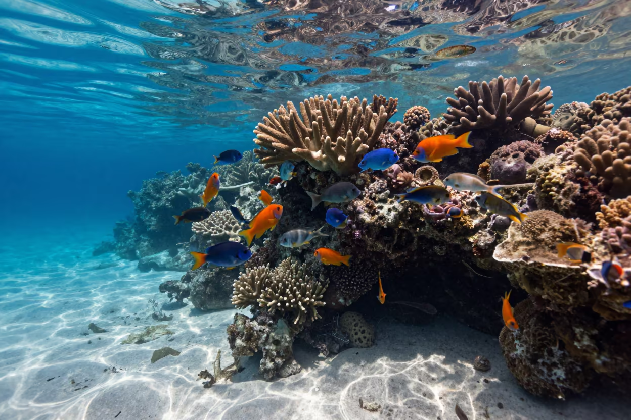 Tropical Fish Swirling Around Coral Head Belize Reef in beside a reef crevice under clear water near Belize City