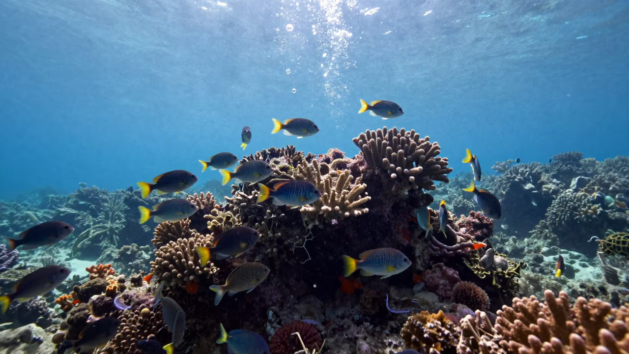 Tropical Fish Swirling Around Coral Head in beside a reef crevice under clear water near Cairns