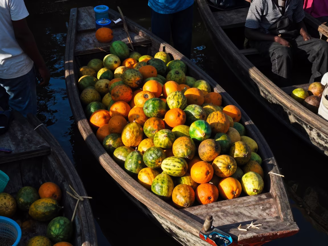 Tropical Fruit Boat at Dawn Flea Market Dar es Salaam in in a flea market lane in Dar es Salaam