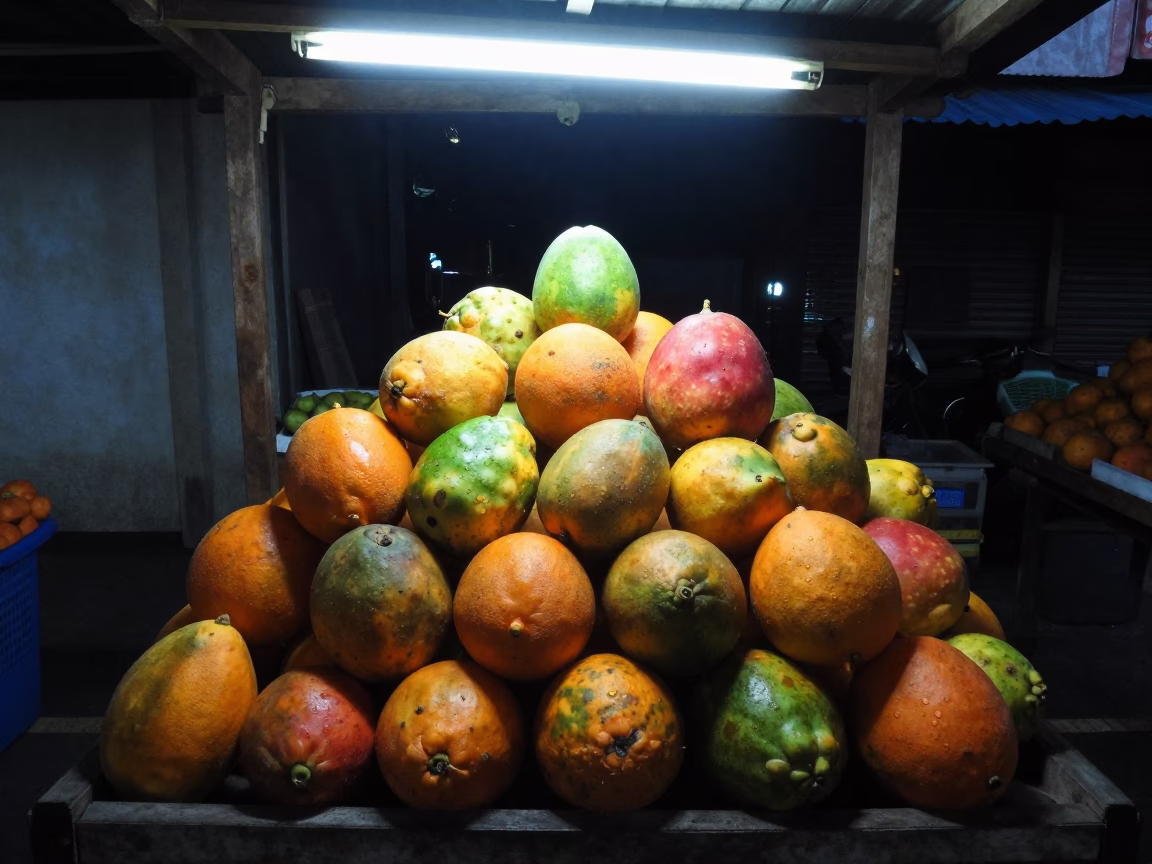 Tropical Fruit Piled on Wooden Cart Night Market in on a wooden shelf inside a covered market in Jakarta