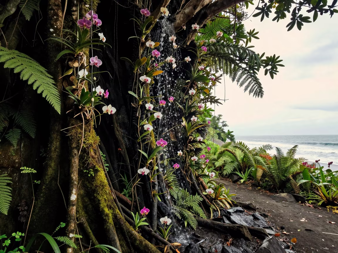 Tropical Orchid Cascade on Mossy Tree in Bali in on a fern-lined forest floor in Bali