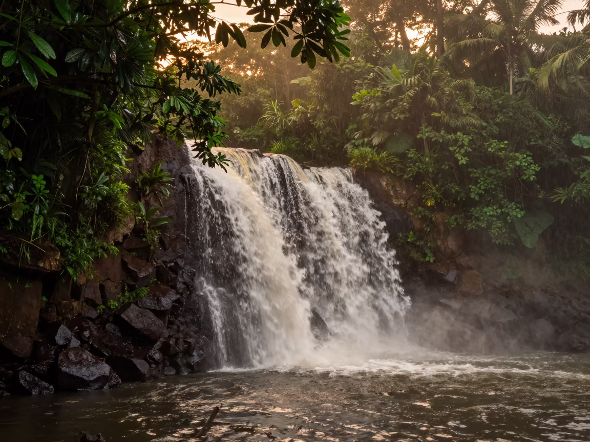 Tropical Waterfall in Manila Jungle Evening Fog in along a wave-cut shoreline near Manila
