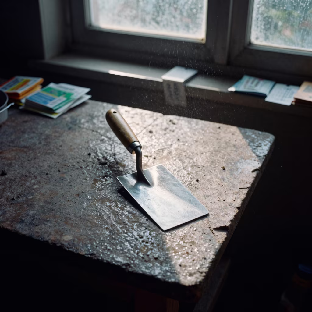 Trowel on Mekele Potting Table Morning Light in on a workshop shelf in Mekele