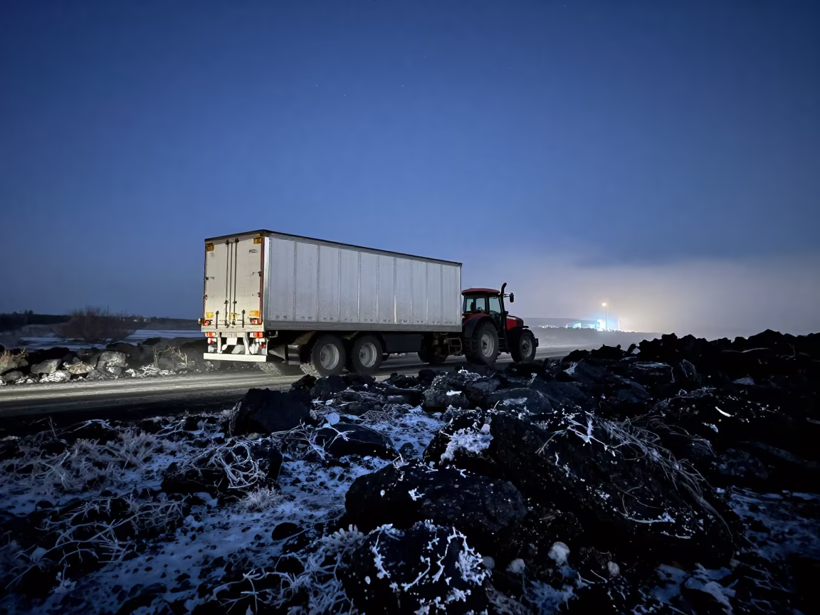 Truck on Black Lava Under Winter Starlight in beside a fogbound harbor mouth near Almaty