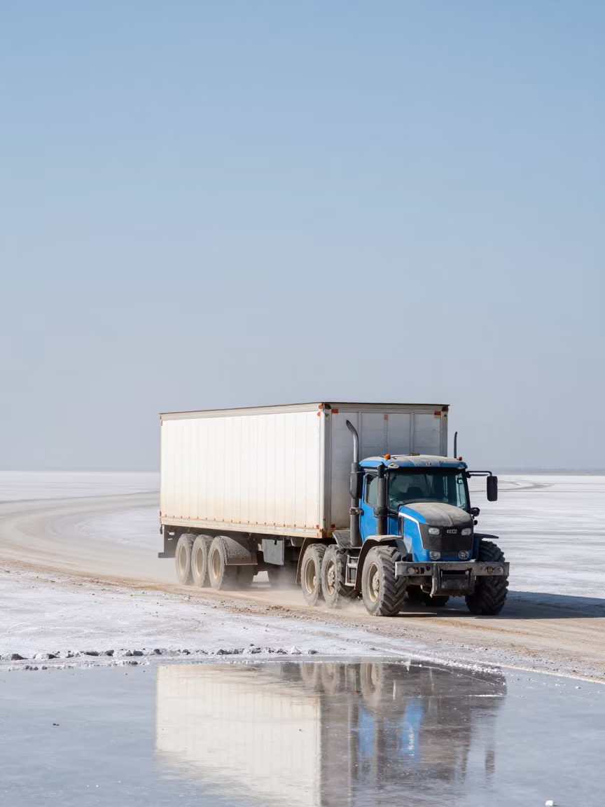Truck on Salt Flats Noon Haze Ciudad del Este in along a switchback approach near Ciudad del Este