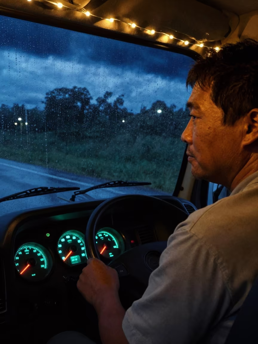 Trucker Face Lit by Dashboard and String Lights in near Tainan