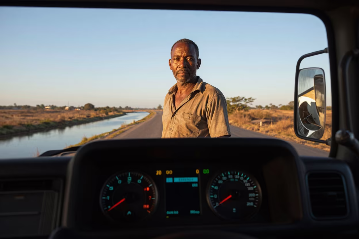 Trucker Portrait Lit by Dashboard Instruments in beside a canal in Bailundo