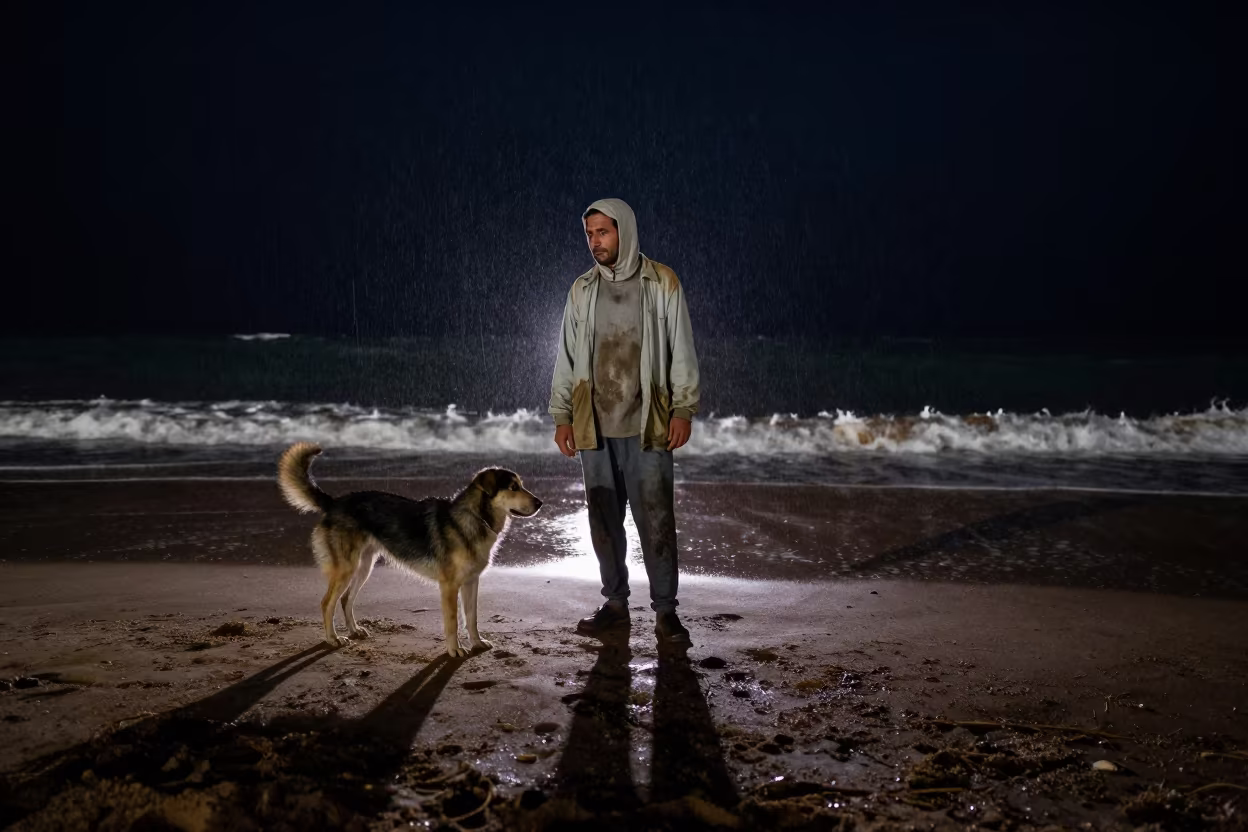 Truffle Hunter Dog Irbid Beach Night Monsoon in along a beach near Irbid