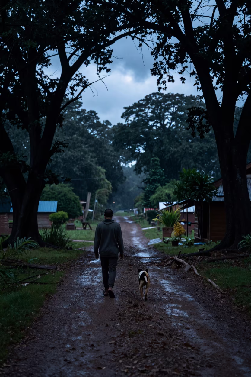 Truffle Hunter and Dog in Monsoon Night Forest in in a village lane near Kasane