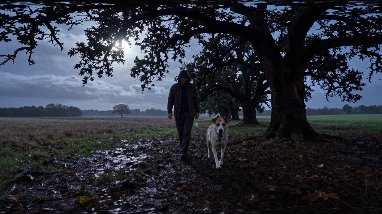 Truffle Hunter and Dog in Moonlit Oak Wood in near open fields near Kaya