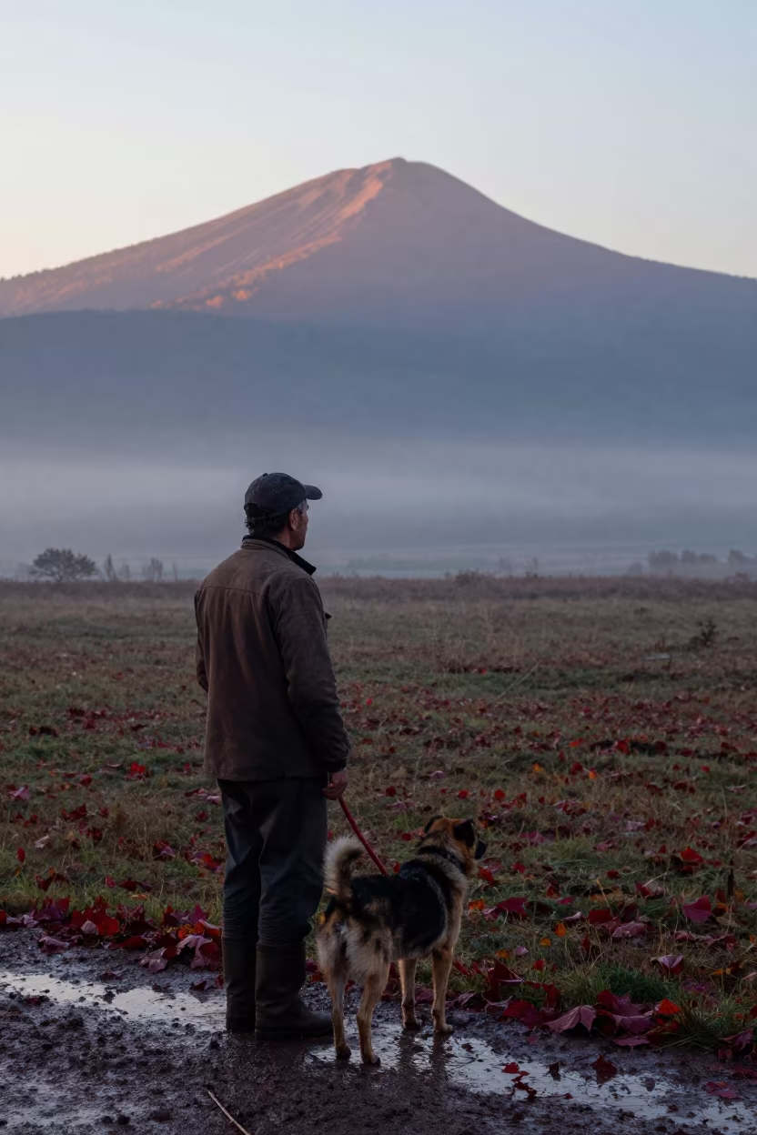 Truffle Hunter and Dog at Sunrise in Balıkesir in near open fields near Balıkesir