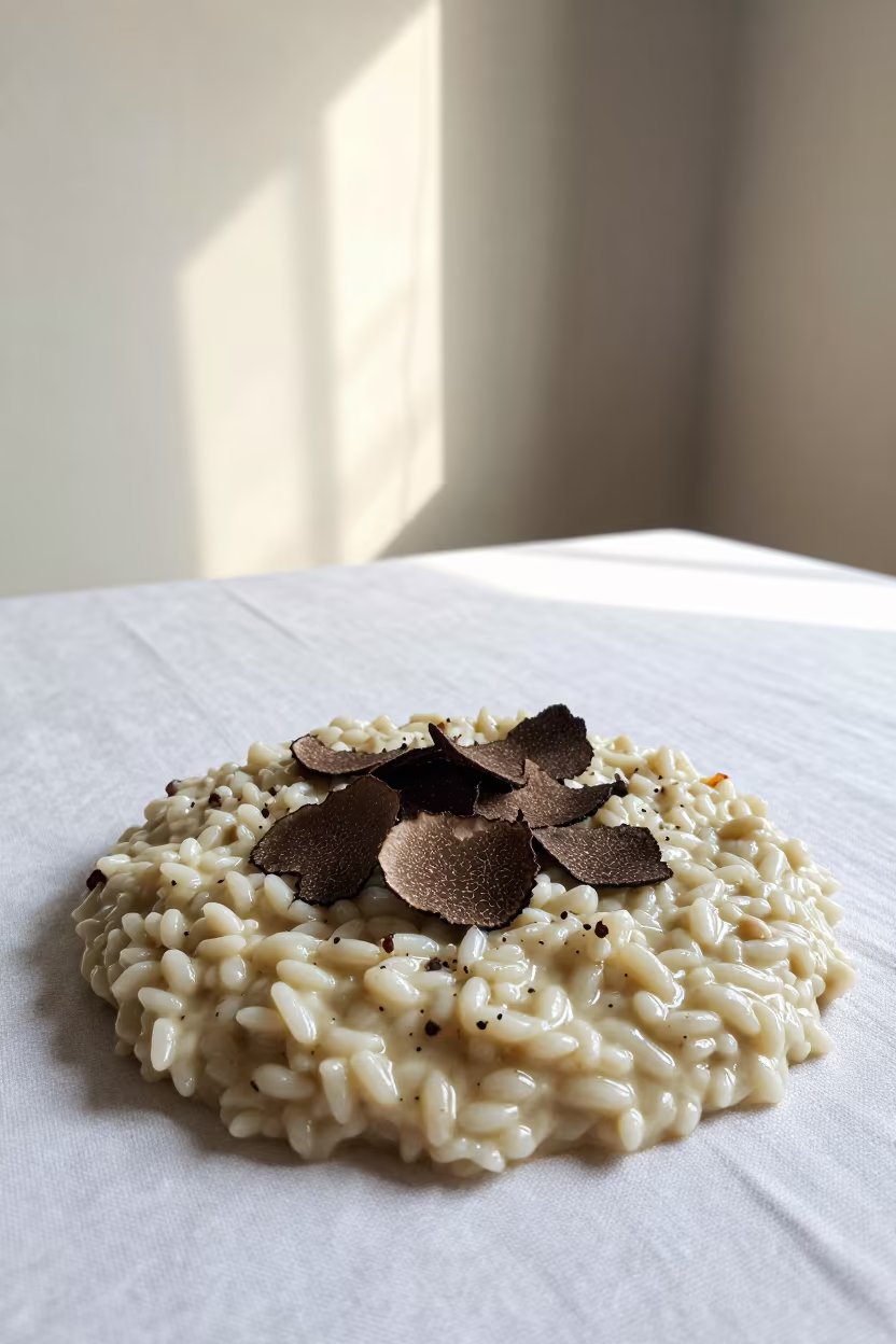 Truffle Risotto on Linen in Rawalpindi Skylight in on a linen-covered restaurant table in Rawalpindi