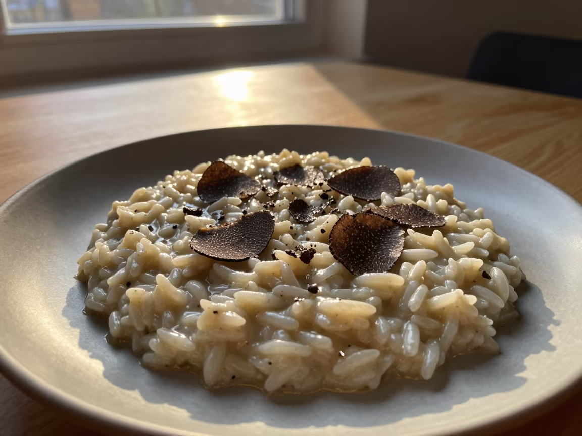 Truffle Risotto in Van Window Evening Light in on a ceramic plate by a window in Van