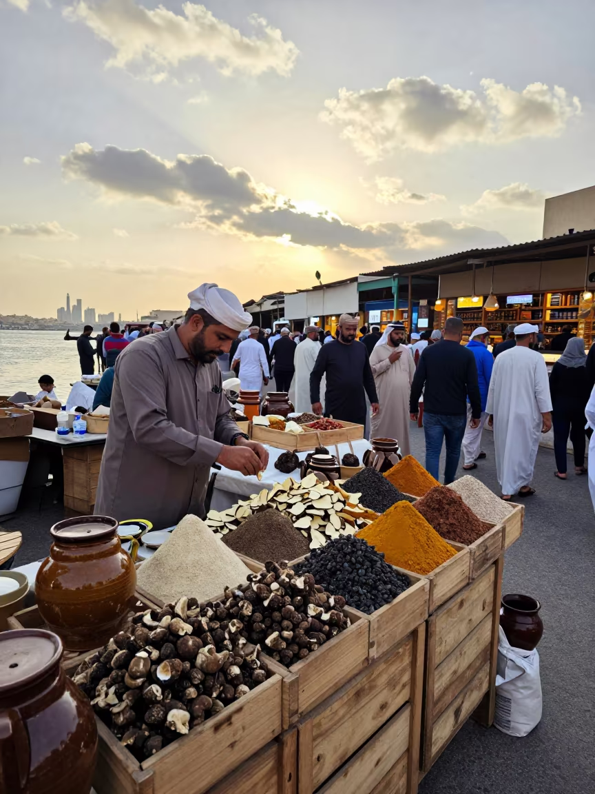 Truffle Vendor Slicing Tastes in Bur Dubai Market in at a spice vendor's table in Bur Dubai, Dubai