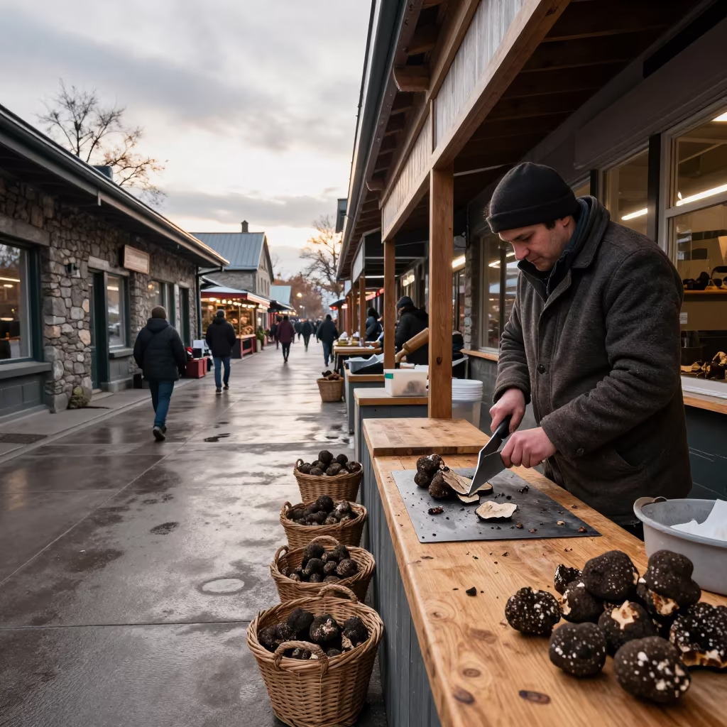 Truffle Vendor Slicing Tastes in Winnipeg Market in in a covered bazaar aisle in Winnipeg