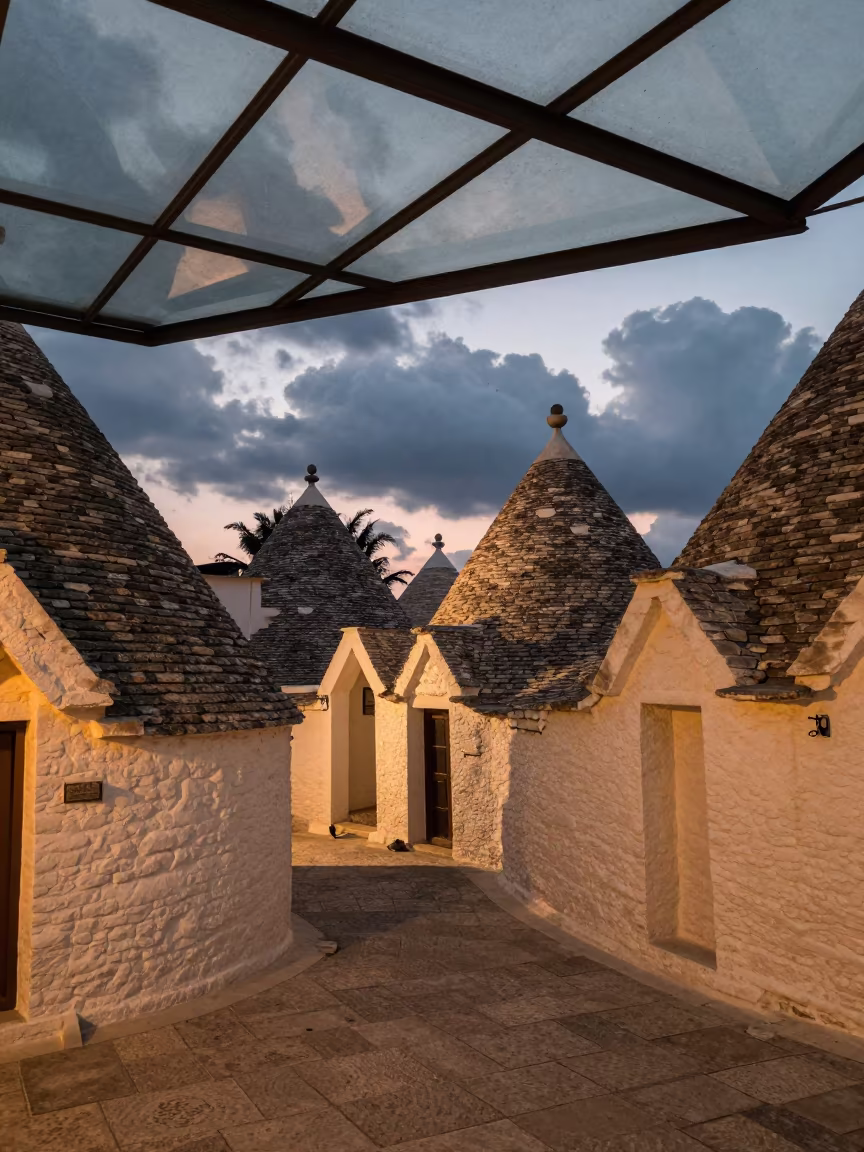 Trulli Village Under Glass Roof Dusk in inside a glass-roofed arcade near Jamnagar
