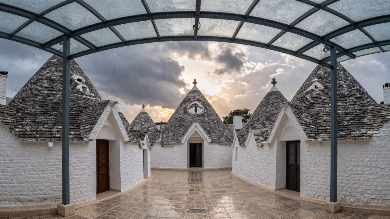 Trullo Cluster in Monsoon Arcade Dawn in inside a glass-roofed arcade in Rajshahi