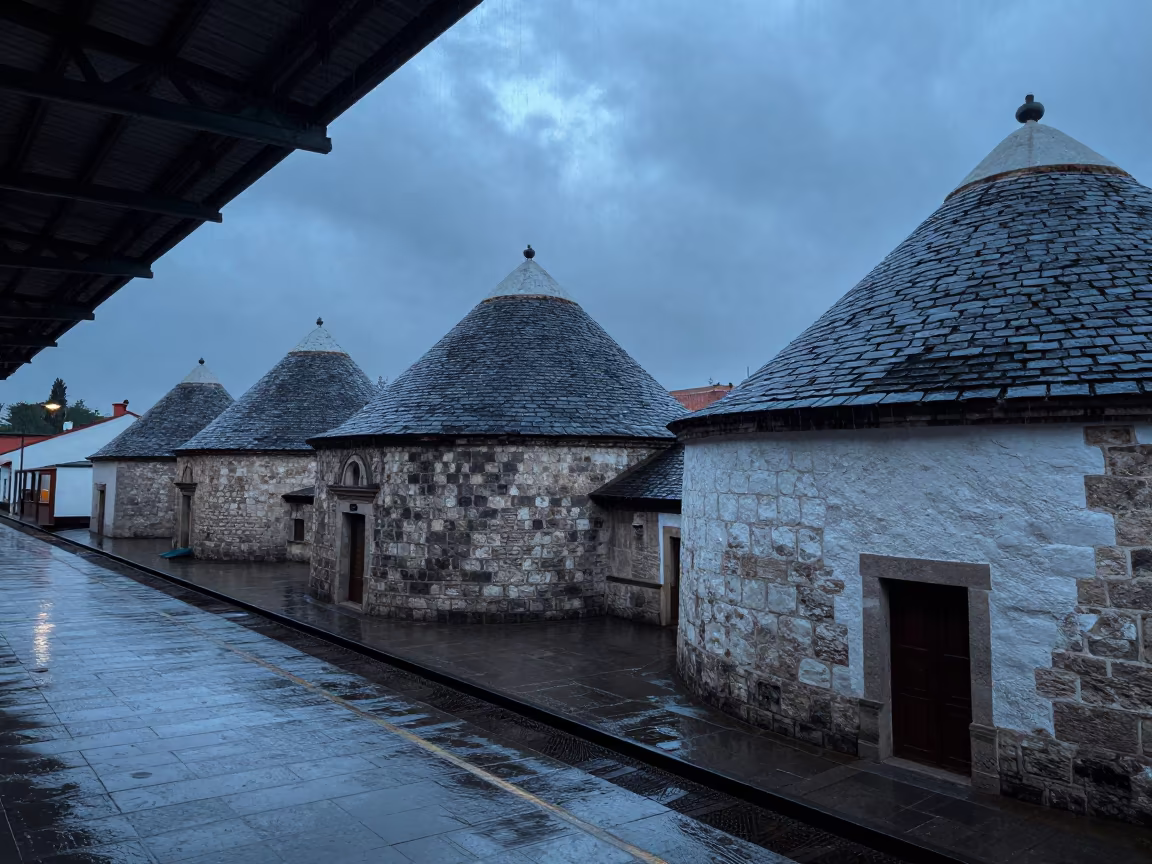 Trullo Houses in San Miguel Train Terminal Twilight in inside a restored train terminal in San Miguel de Allende
