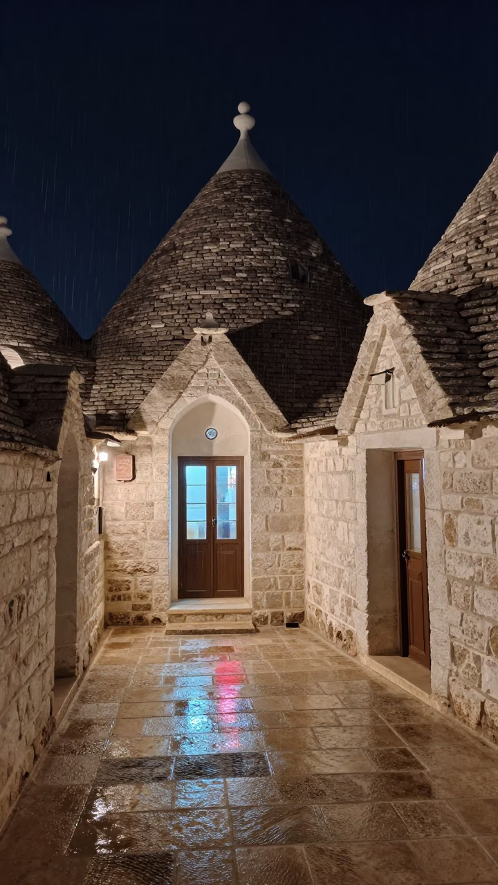 Trullo Stone House Midnight Neon Drizzle in inside a skylit passageway in Kunduz