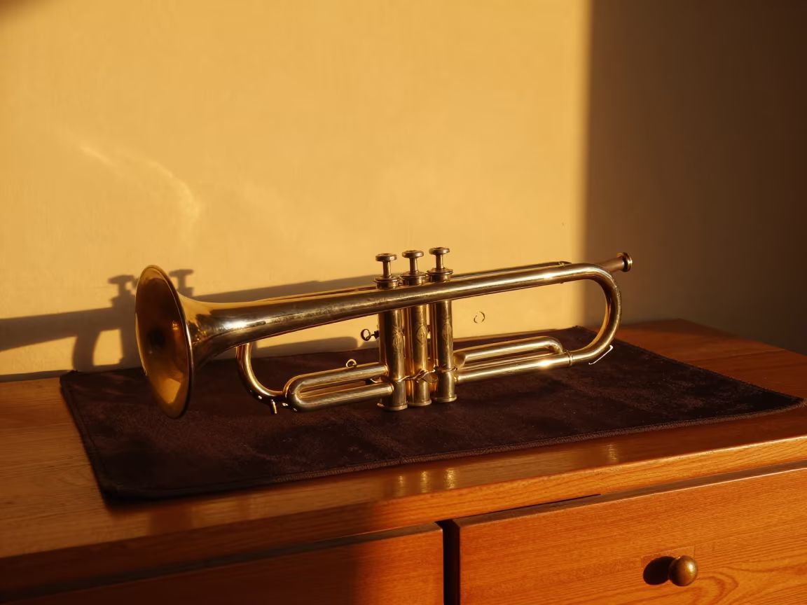 Trumpet Mute in Amber Sunset Light in on a writing desk in Daraa