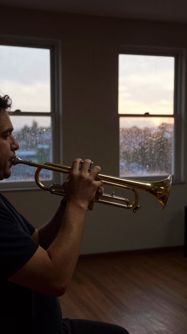 Trumpet Player Muting in Dim Cabimas Club at Sunset in in a rehearsal room in Cabimas