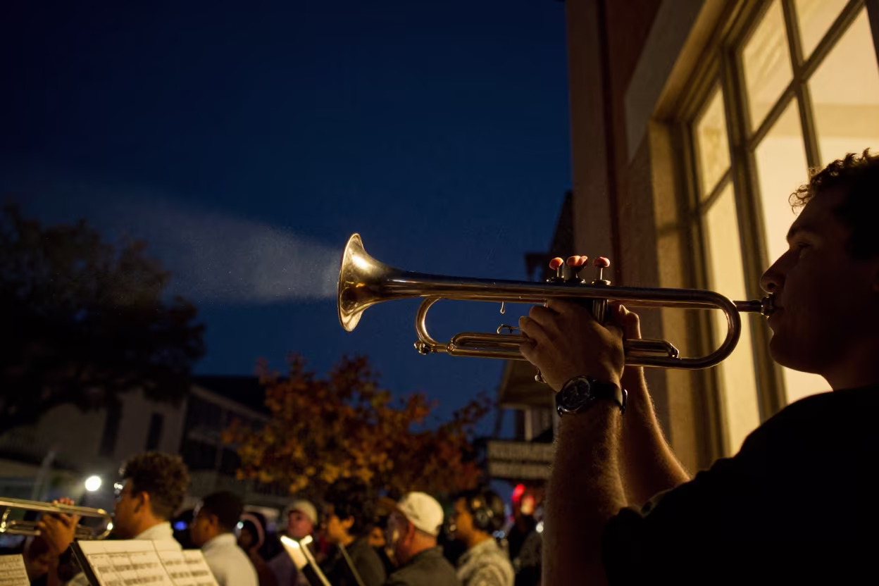 Trumpet Player Under Night Sky in New Orleans in in a concert hall in New Orleans
