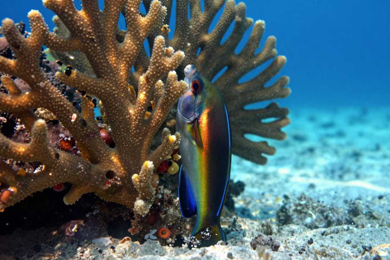 Trumpetfish Hiding Beside Sea Fan in Zanzibar Shallows in beneath a reef ledge in tropical shallows near Zanzibar