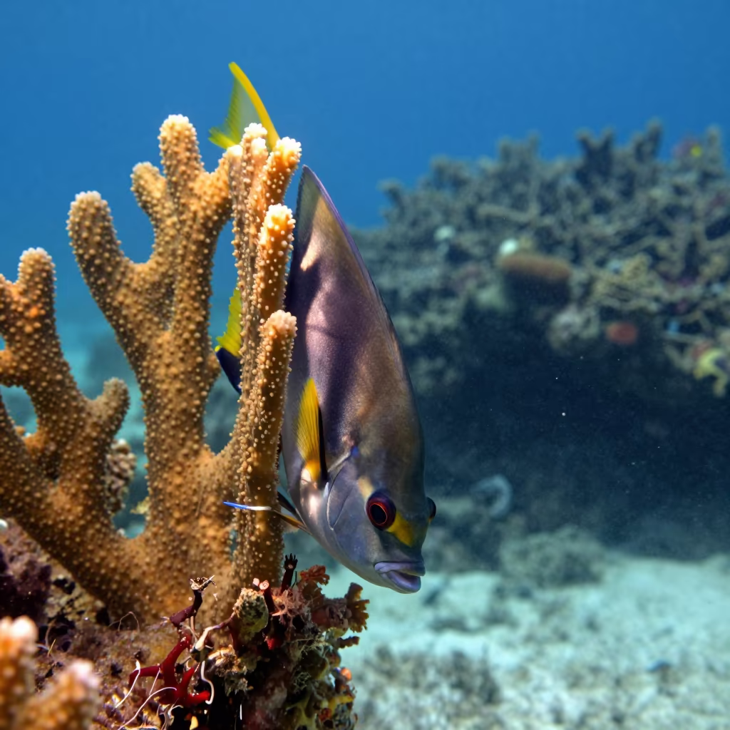 Trumpetfish Hiding Beside Sea Fan in beneath a reef ledge in tropical shallows near Zanzibar