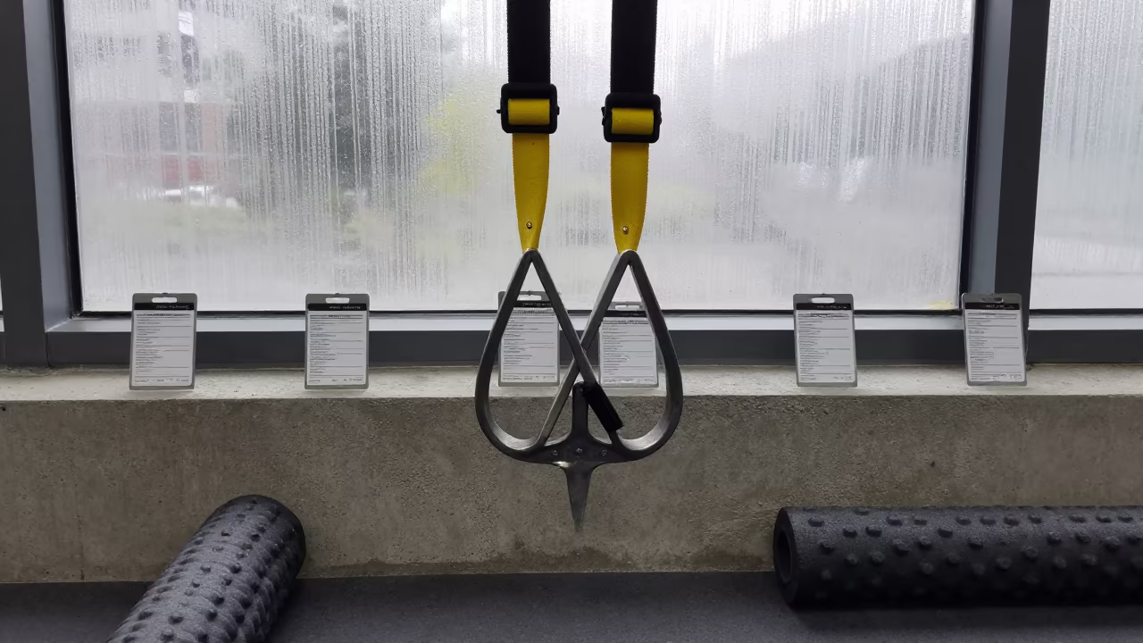 TRX Anchor Tag Rail with Recovery Details in inside a recovery lounge beside foam rollers near Zhengzhou