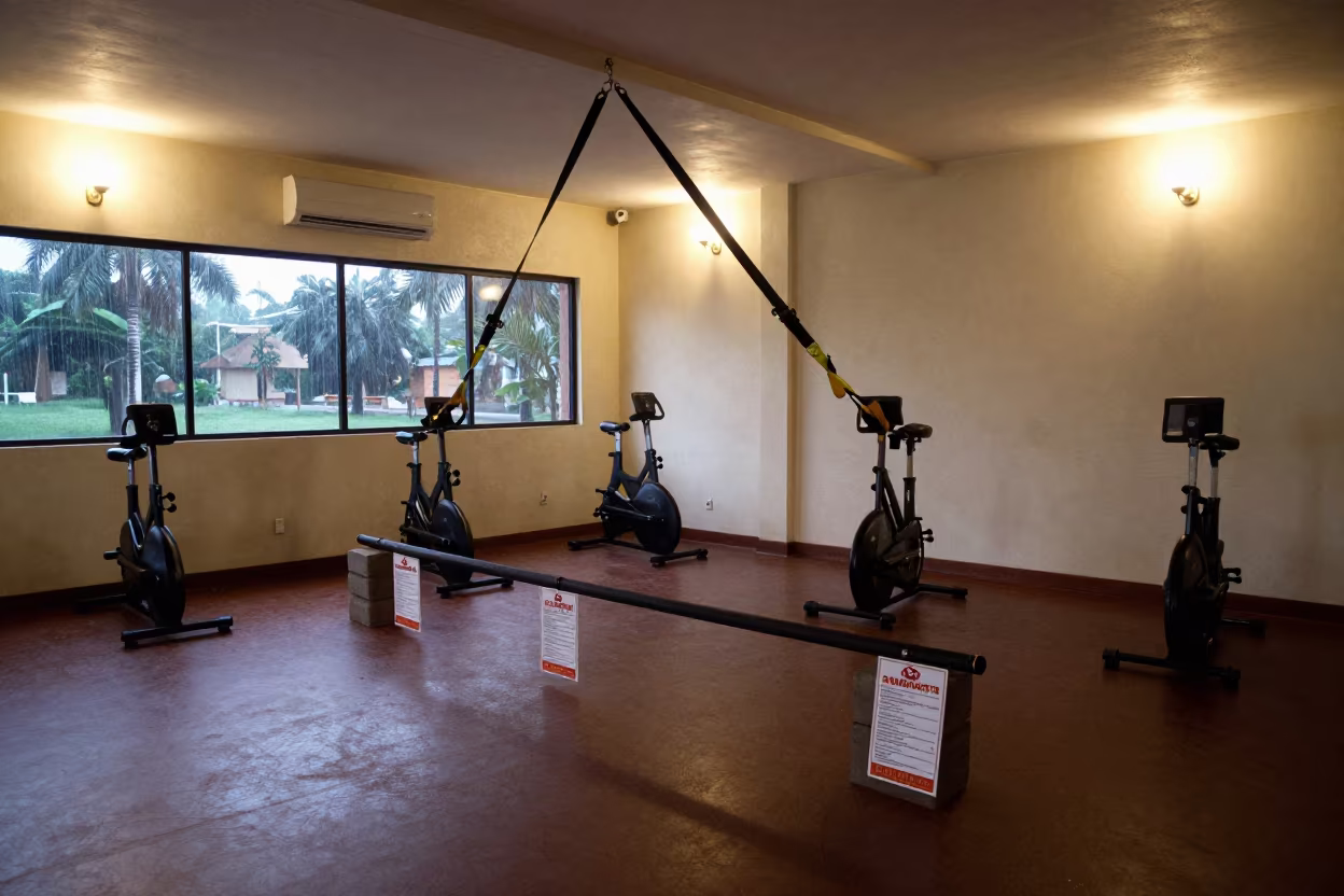 TRX Tag Rail with Safety Checks in Enugu Studio in inside a spin studio under class lights in Enugu