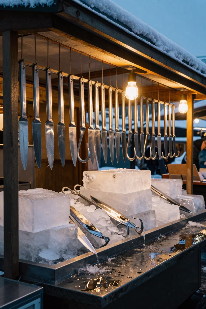 Tsukiji knives and tuna hooks drying on ice in Helsinki in at a textile trader's stall in Design District, Helsinki