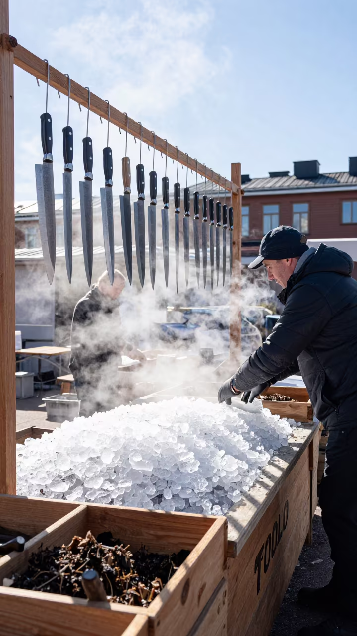 Tsukiji knives and hooks drying over ice in at a spice vendor's table in Toolo, Helsinki
