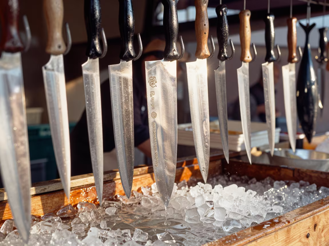 Tsukiji knives and hooks drying over melting ice in at a market stall in Stockholm