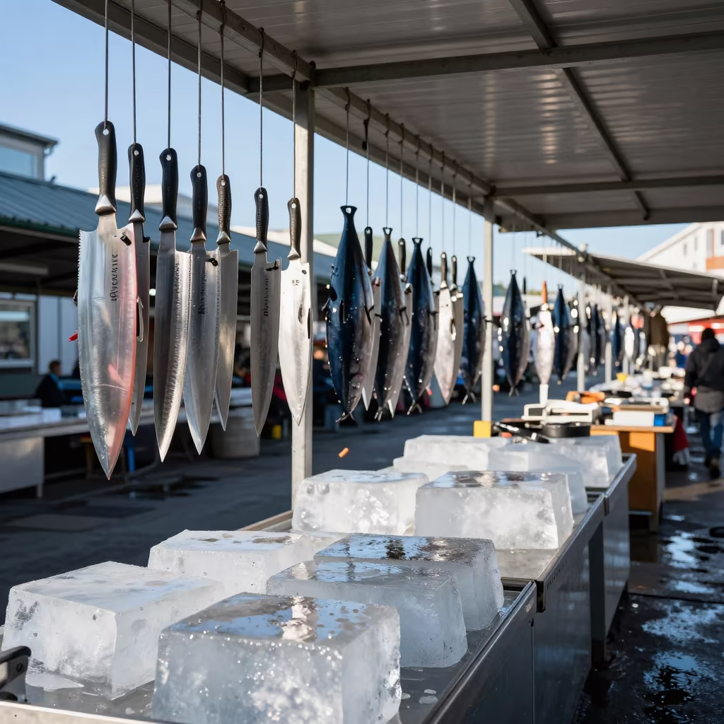 Tsukiji knives and tuna hooks drying above melting ice in under a market canopy in Laugavegur, Reykjavik