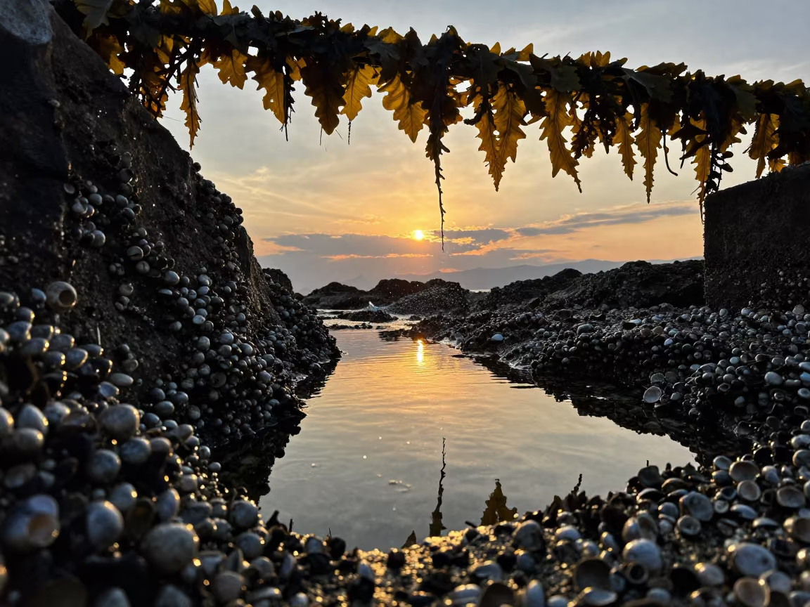 Tsuruhashi Sunset Tide Pool Kelp Barnacles in through kelp fronds beside a rocky shelf in Tsuruhashi, Osaka