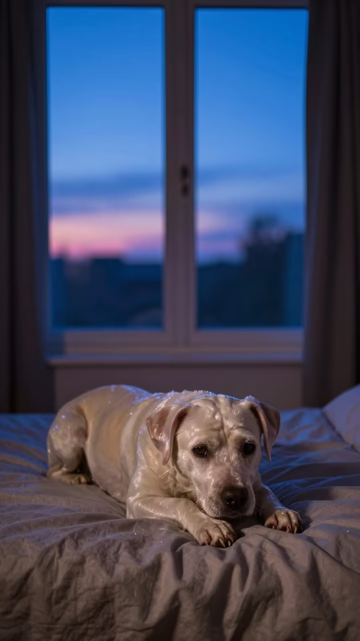 Tsvetnaya Bolonka Dog Resting on Bedspread in on a bedspread near a bright window with calm indoor light in Garoua