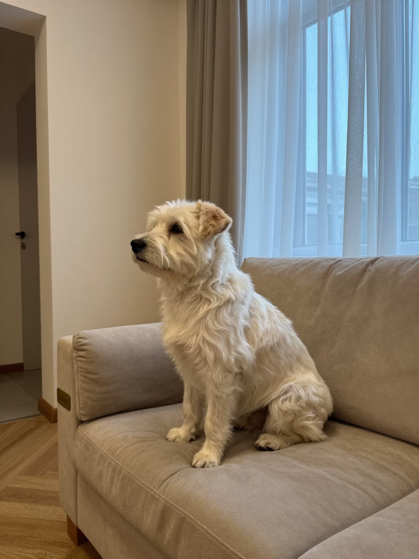 Tsvetnaya Bolonka Portrait on Sofa Near Window in on a sofa near a curtained window with calm indoor light in Parnell, Auckland