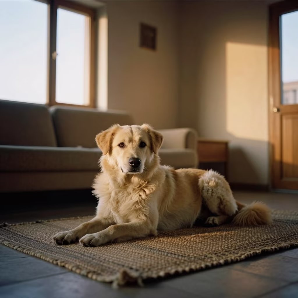 Tsvetnaya Bolonka Resting at Sunset in Afghan Home in on a woven rug beside a low couch and an uncluttered wall near Mazar-i-Sharif