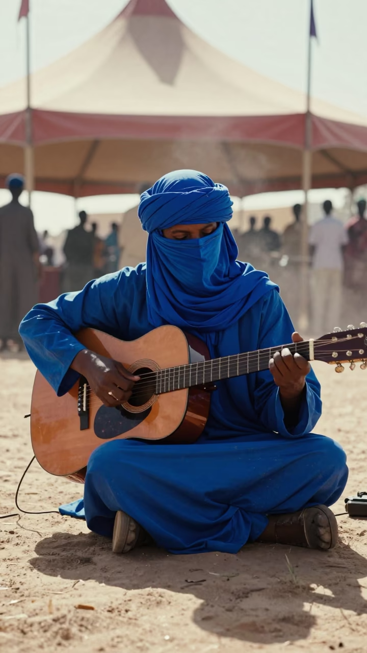 Tuareg Guitarist Under Circus Tent Starlight in under a circus tent in Nouakchott
