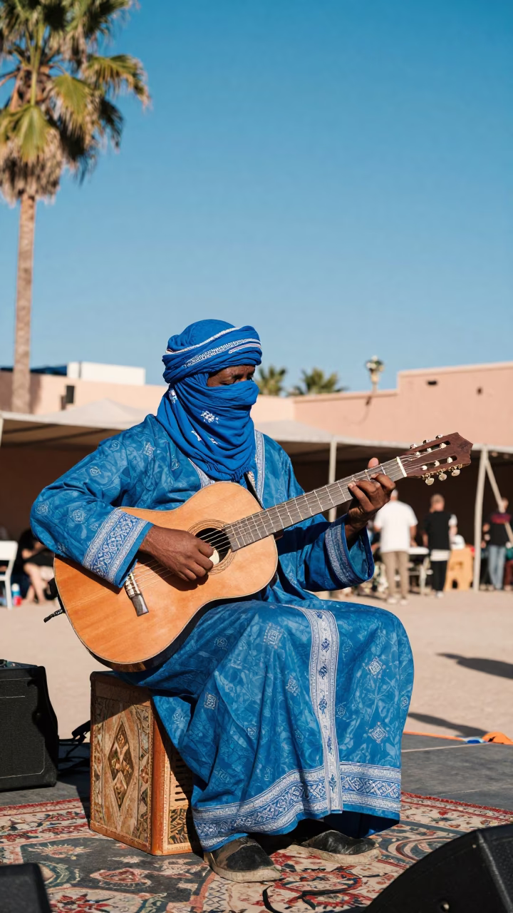 Tuareg Guitarist Performs Under Bright Marrakech Sky in on a festival main stage in Marrakech