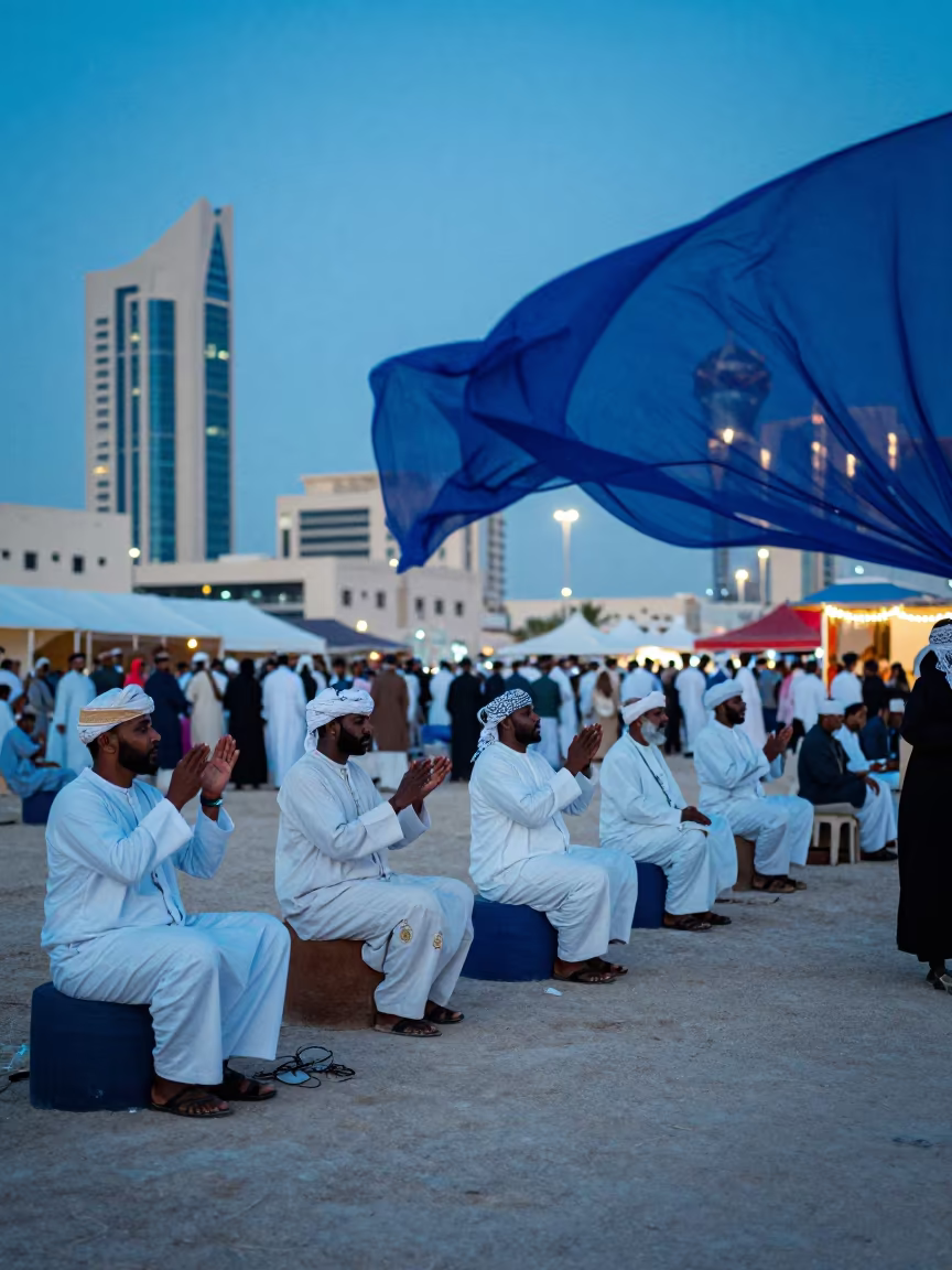 Tuareg Musicians Blue Hour Desert Festival Dubai in at a festival street procession near Al Quoz, Dubai