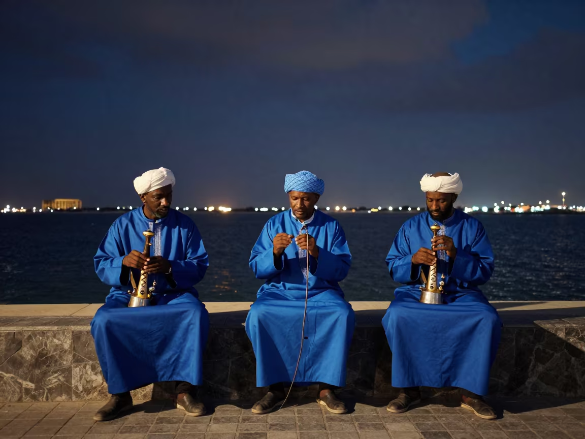 Tuareg Musicians at Dubai Waterfront Predawn in at a waterfront celebration in Dubai
