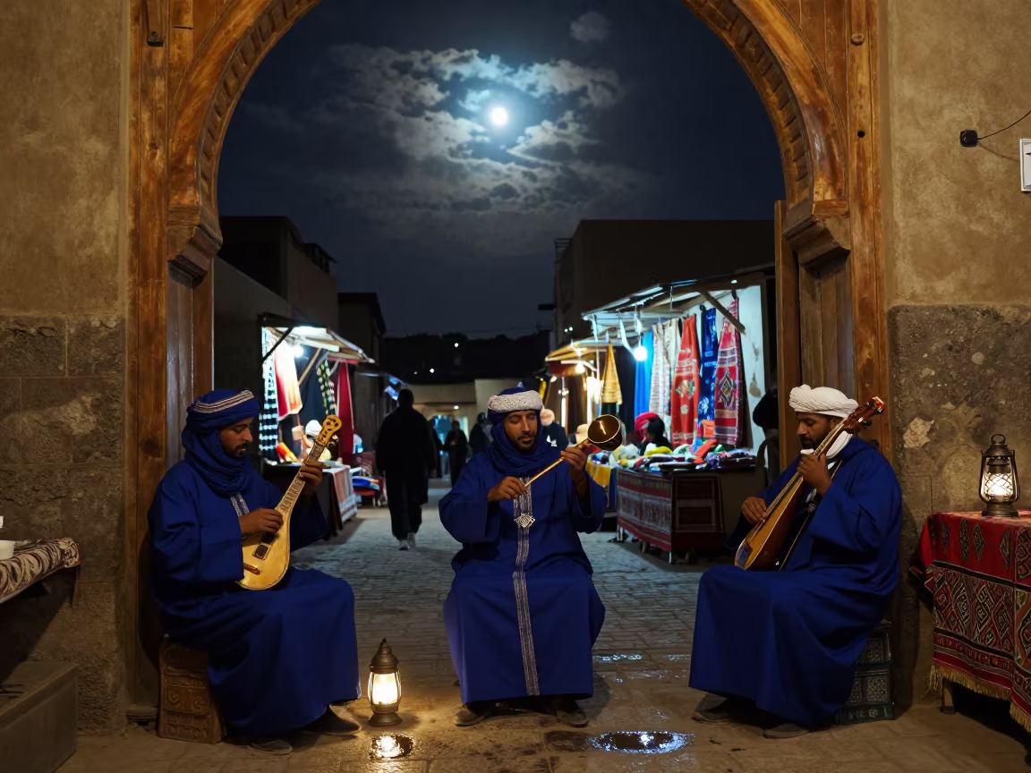 Tuareg Musicians Under Moonlit Cairo Night Sky in at a night market in Cairo