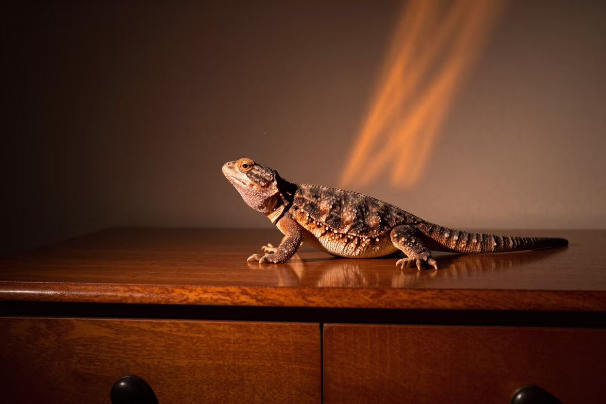 Tuatara on Hotel Dresser in Firelight in on a hotel dresser in Koszalin