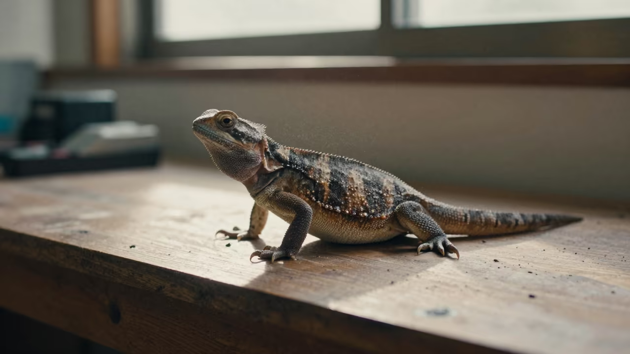 Tuatara on Workbench in Seeb Late Afternoon in on a wooden workbench in Seeb