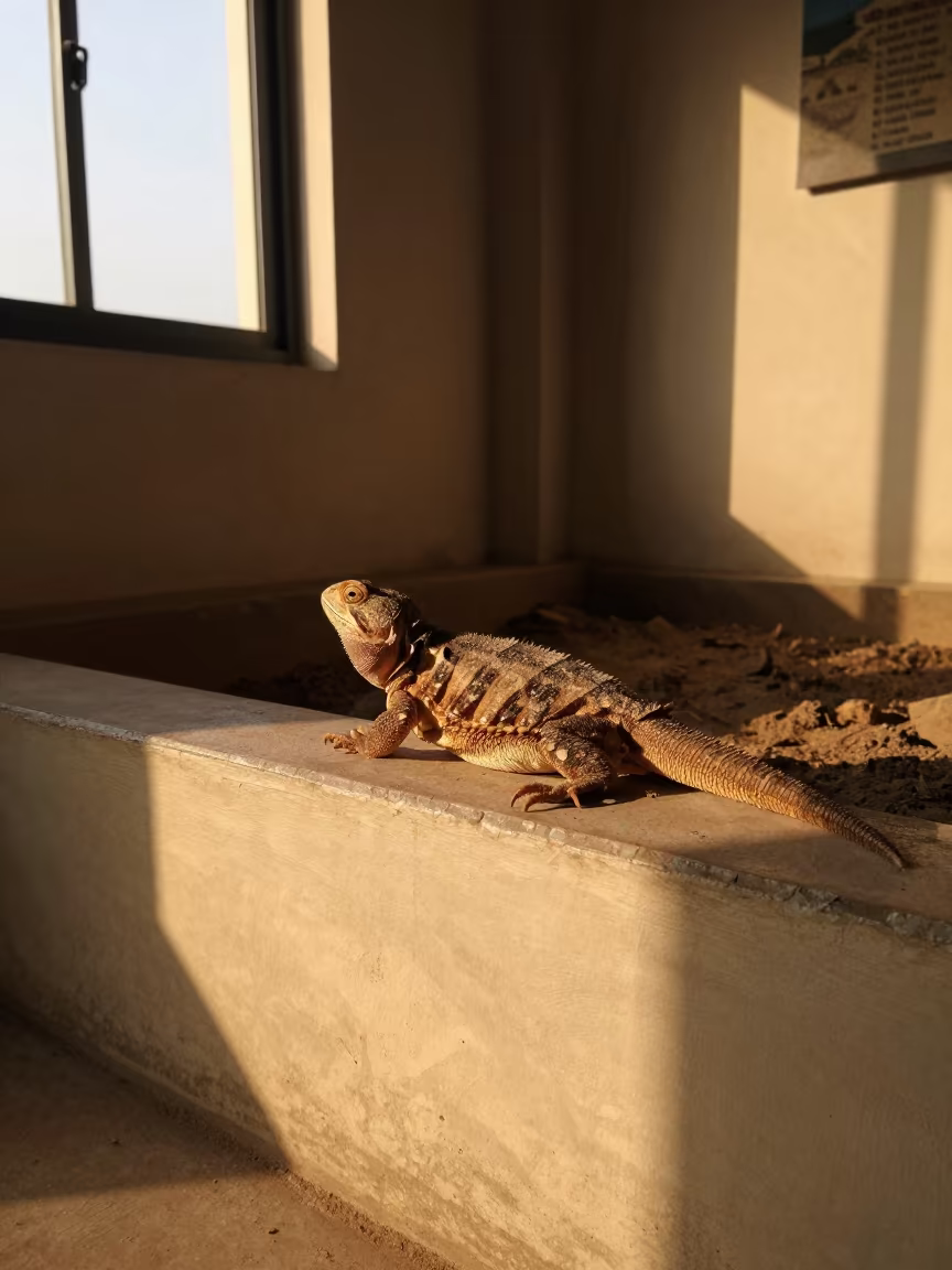 Tuatara on Painted Ledge in Al-Bab Window Light in on a painted display ledge in al-Bab