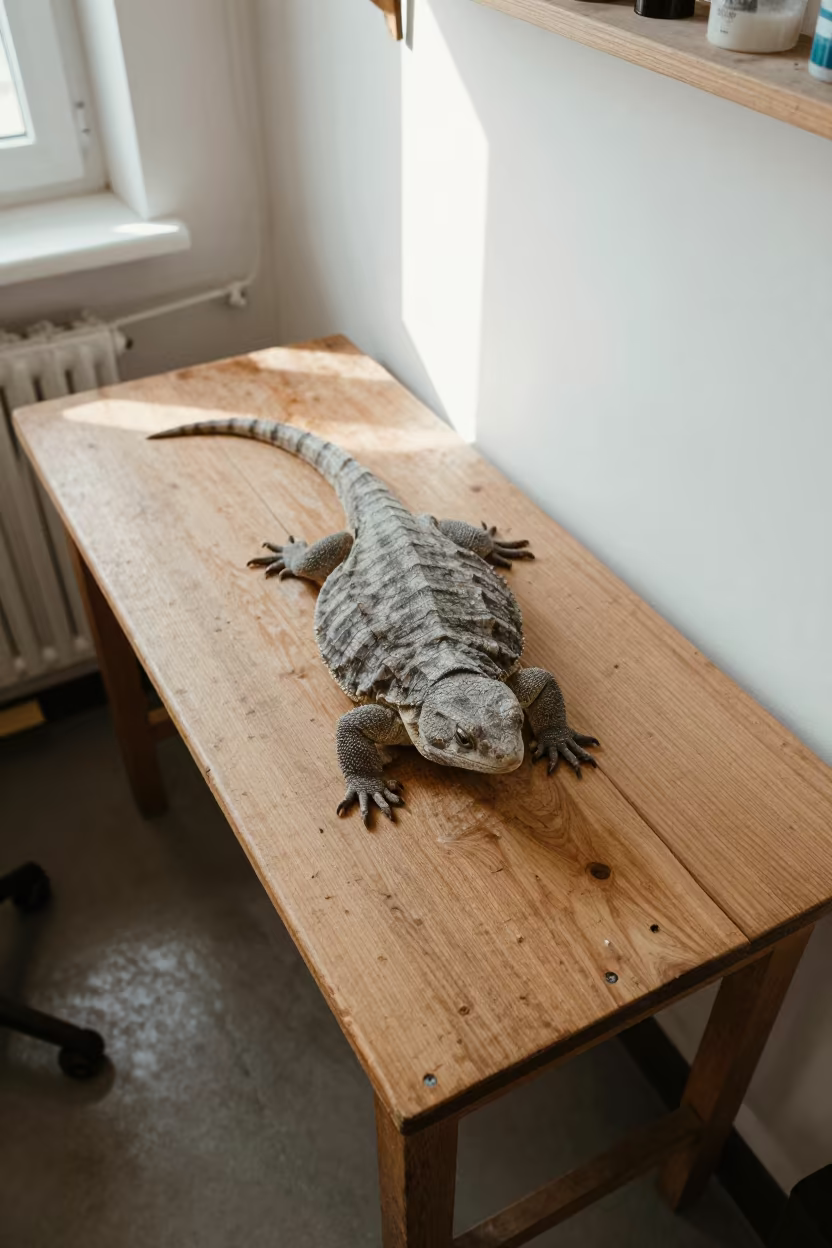 Tuatara on Workbench in St Petersburg in on a wooden workbench in St Petersburg