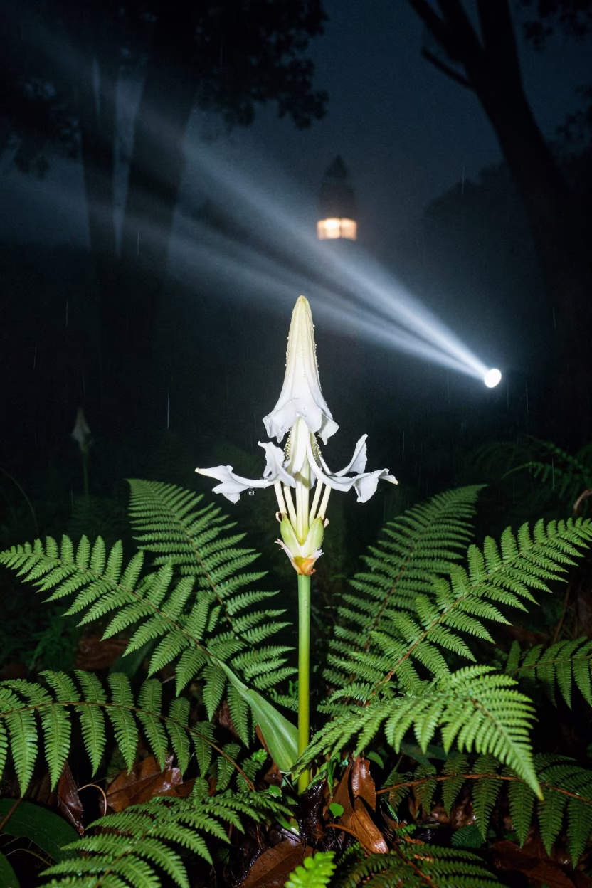 Tuberose Spike in Misty Mozambique Night in on a fern-lined forest floor in Mozambique