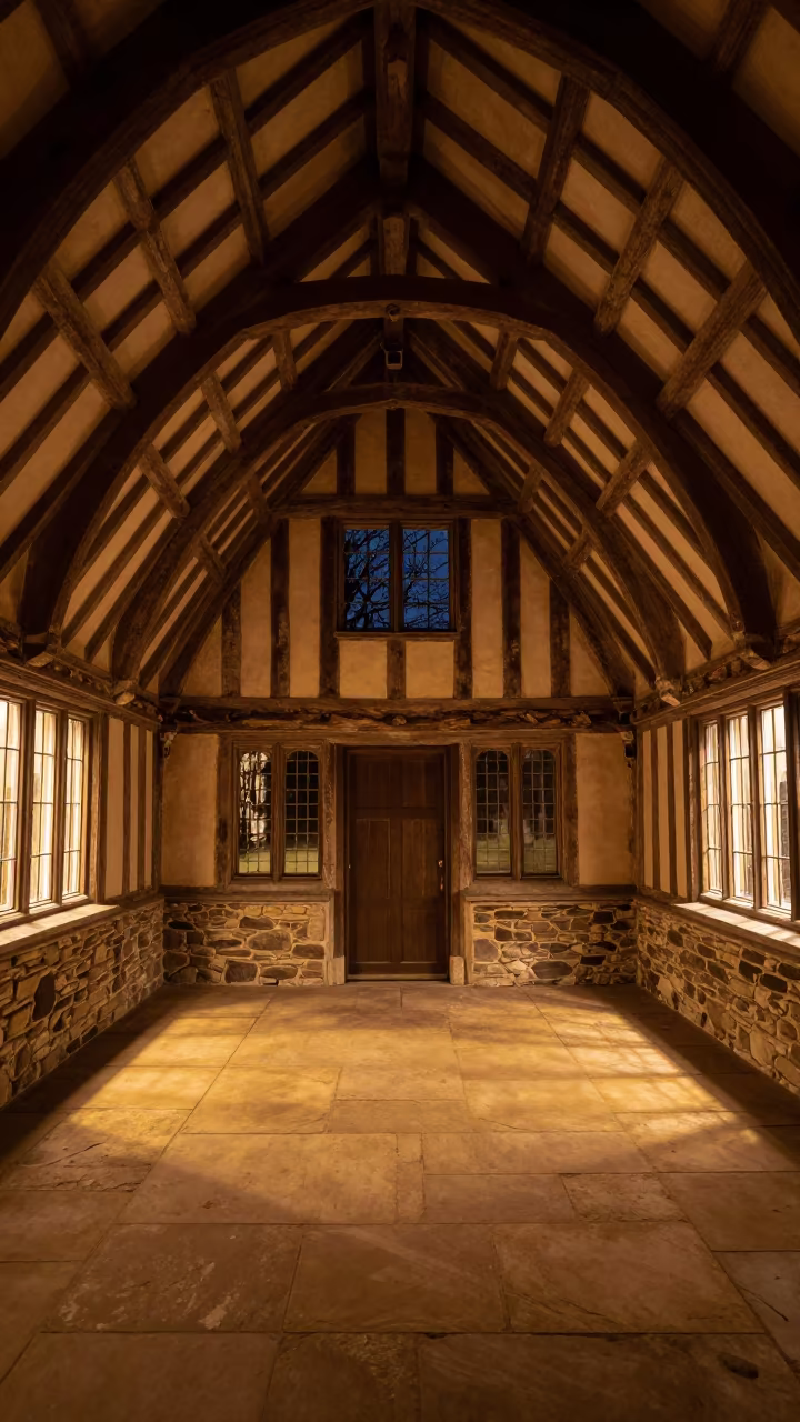 Tudor House Atrium Night Tungsten Light in inside a vaulted atrium in Cagua