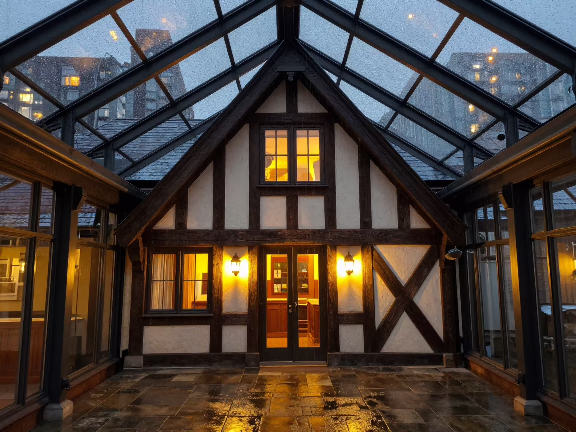 Tudor House in Bor Atrium Monsoon Dusk in inside a vaulted atrium in Bor